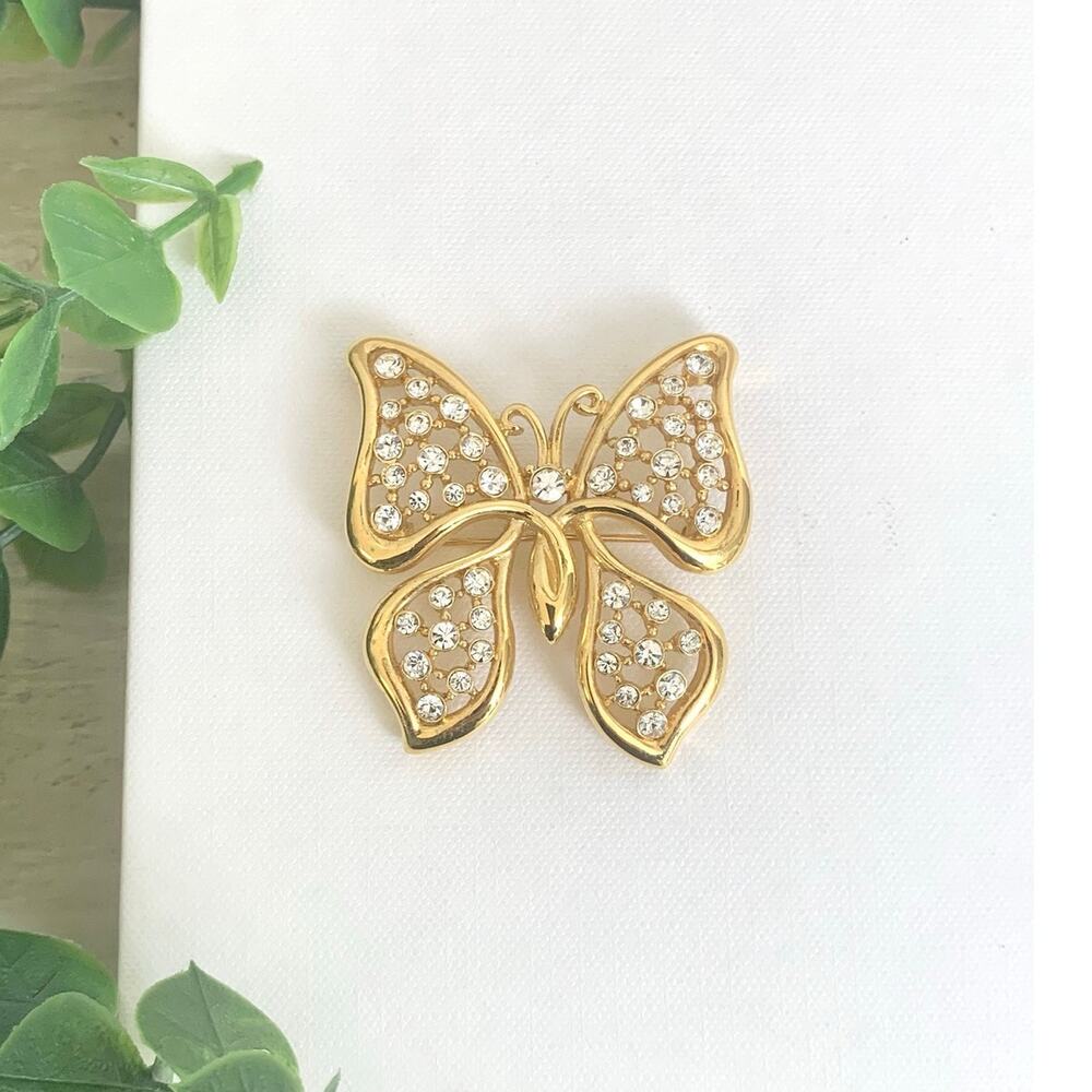 Vintage Monet Butterfly Brooch Gold Tone Rhinestone Openwork Signed Pin Glam